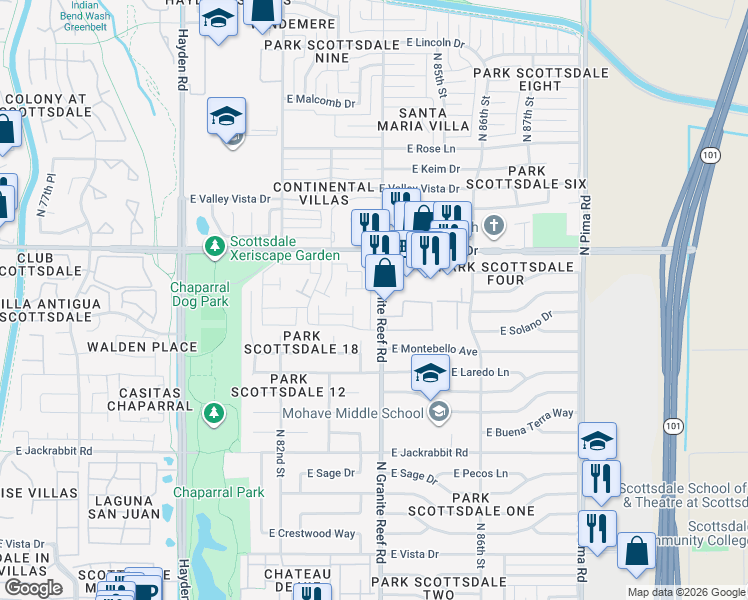 map of restaurants, bars, coffee shops, grocery stores, and more near 5895 North Granite Reef Road in Scottsdale