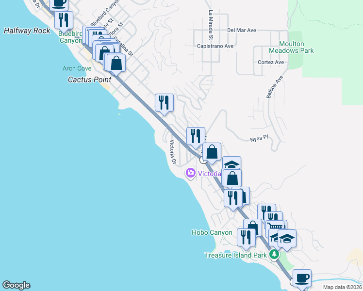 map of restaurants, bars, coffee shops, grocery stores, and more near 181 Sunset Terrace in Laguna Beach