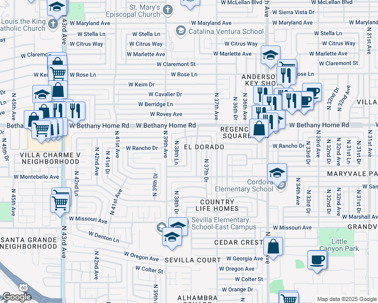map of restaurants, bars, coffee shops, grocery stores, and more near 5748 North 38th Drive in Phoenix