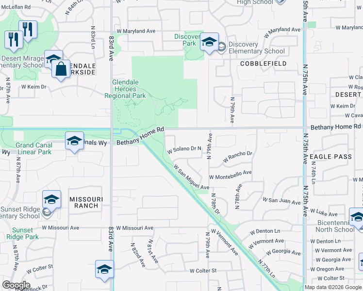 map of restaurants, bars, coffee shops, grocery stores, and more near 7994 West Solano Drive North in Glendale