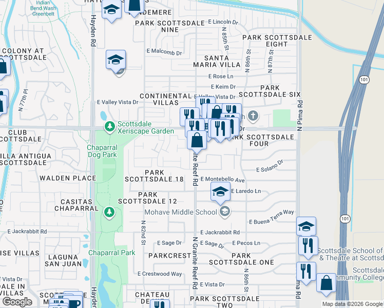 map of restaurants, bars, coffee shops, grocery stores, and more near 5895 North Granite Reef Road in Scottsdale