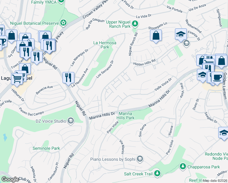 map of restaurants, bars, coffee shops, grocery stores, and more near 24511 Sutton Lane in Laguna Niguel