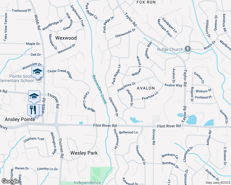 map of restaurants, bars, coffee shops, grocery stores, and more near 287 Peachtree Drive in Riverdale