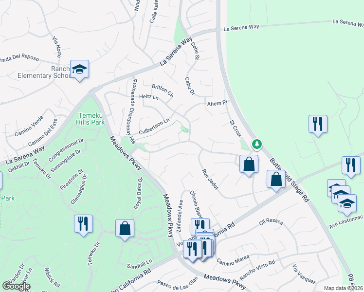 map of restaurants, bars, coffee shops, grocery stores, and more near 40820 Winchester Road in Temecula