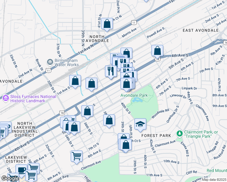 map of restaurants, bars, coffee shops, grocery stores, and more near 3924 4th Avenue South in Birmingham