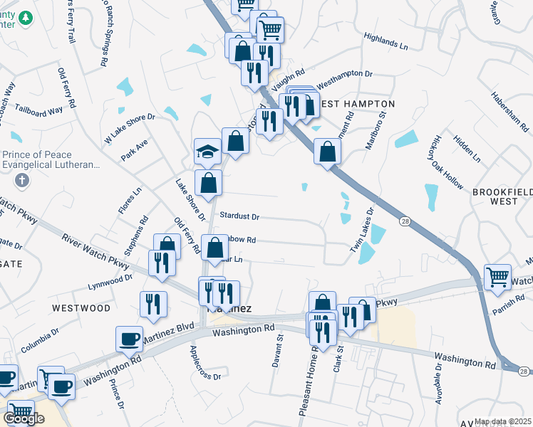 map of restaurants, bars, coffee shops, grocery stores, and more near 3521 Stardust Drive in Martinez