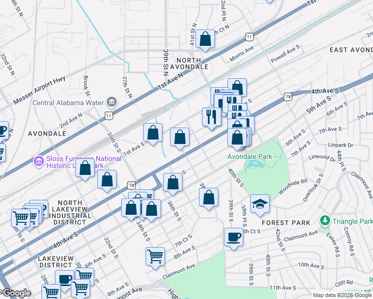 map of restaurants, bars, coffee shops, grocery stores, and more near 3800 3rd Avenue South in Birmingham