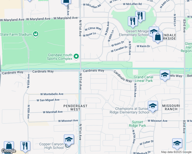 map of restaurants, bars, coffee shops, grocery stores, and more near 8948 West Bethany Heights Drive in Glendale