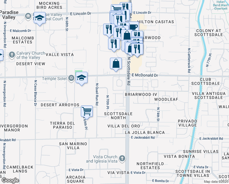 map of restaurants, bars, coffee shops, grocery stores, and more near 5833 North 70th Place in Paradise Valley