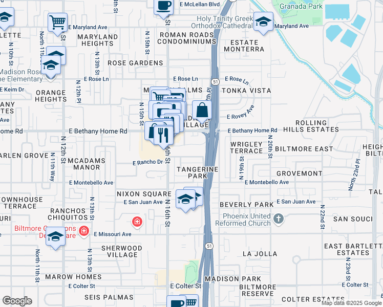 map of restaurants, bars, coffee shops, grocery stores, and more near 1646 East Rancho Drive in Phoenix