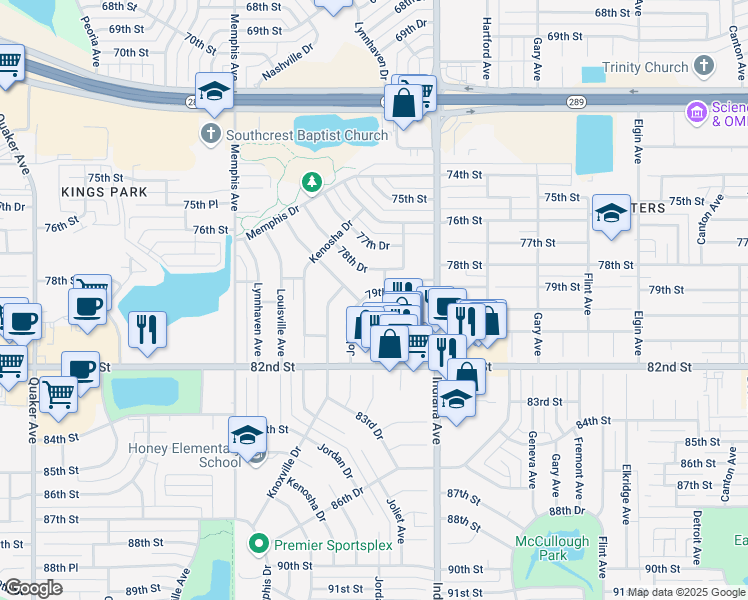 map of restaurants, bars, coffee shops, grocery stores, and more near 3503 79th Street in Lubbock