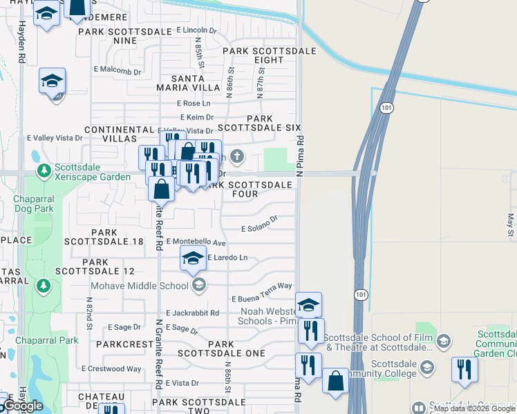 map of restaurants, bars, coffee shops, grocery stores, and more near 8668 East Starlight Way in Scottsdale