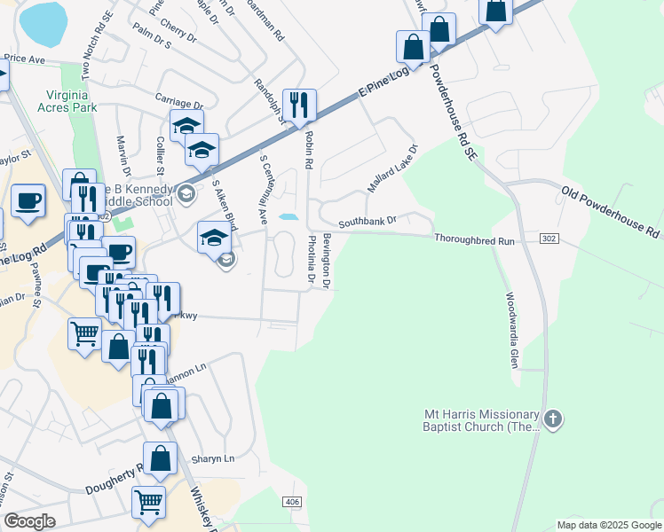 map of restaurants, bars, coffee shops, grocery stores, and more near 148 Bevington Drive in Aiken