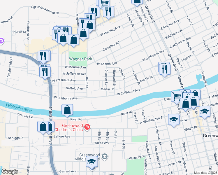 map of restaurants, bars, coffee shops, grocery stores, and more near 806 Martin Street in Greenwood