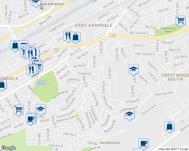 map of restaurants, bars, coffee shops, grocery stores, and more near 4529 Linpark Drive in Birmingham