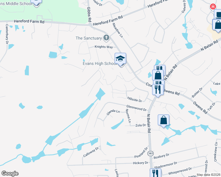 map of restaurants, bars, coffee shops, grocery stores, and more near 221 Foxdale Drive in Evans