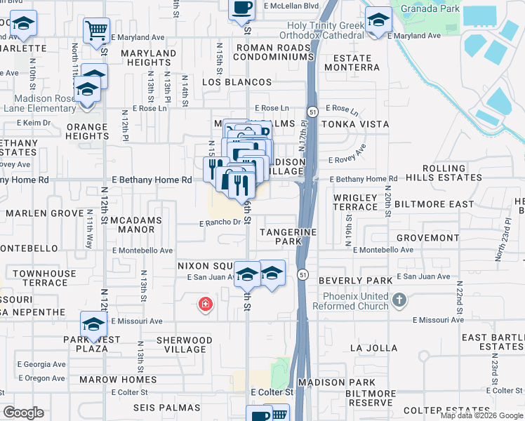 map of restaurants, bars, coffee shops, grocery stores, and more near 1610 East Rancho Drive in Phoenix