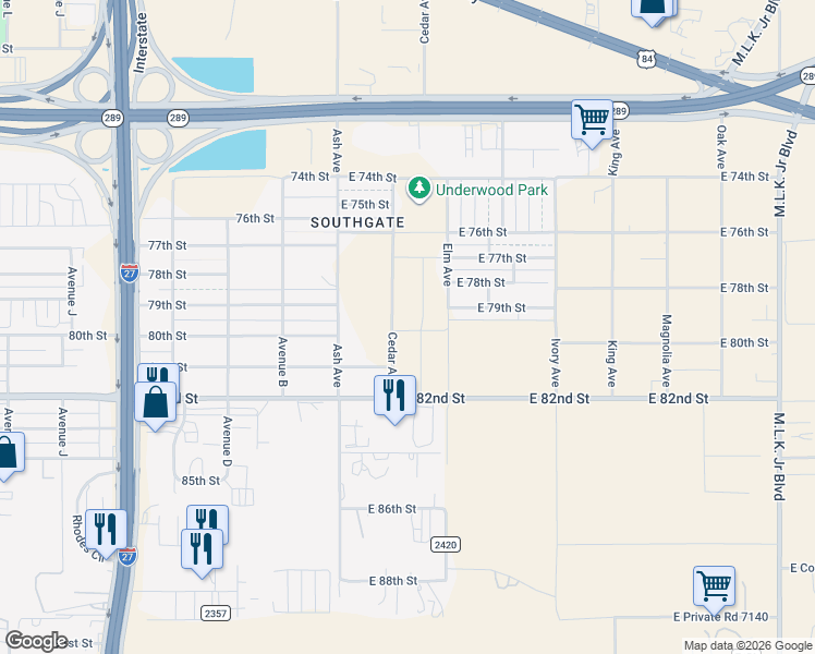 map of restaurants, bars, coffee shops, grocery stores, and more near 8001-8007 Cedar Ave in Lubbock