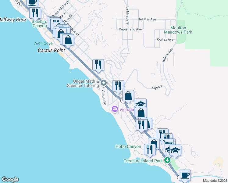 map of restaurants, bars, coffee shops, grocery stores, and more near 181 Sunset Terrace in Laguna Beach