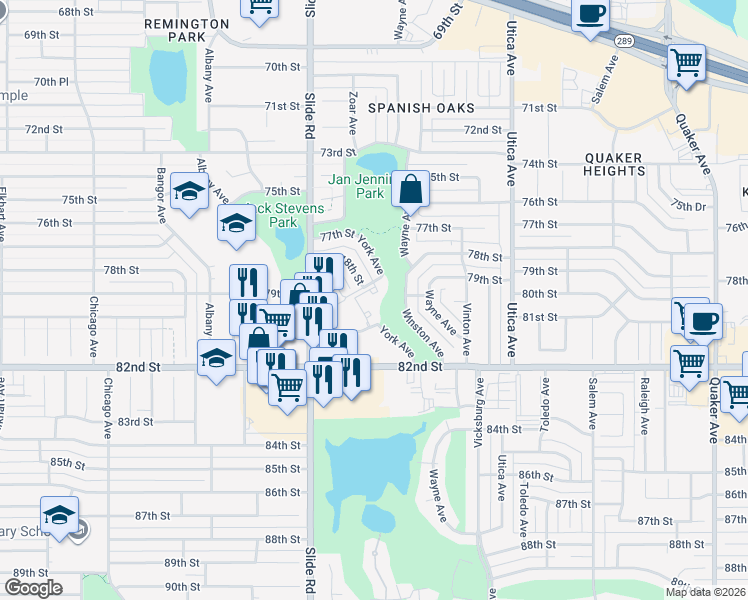 map of restaurants, bars, coffee shops, grocery stores, and more near 5102 80th Street in Lubbock