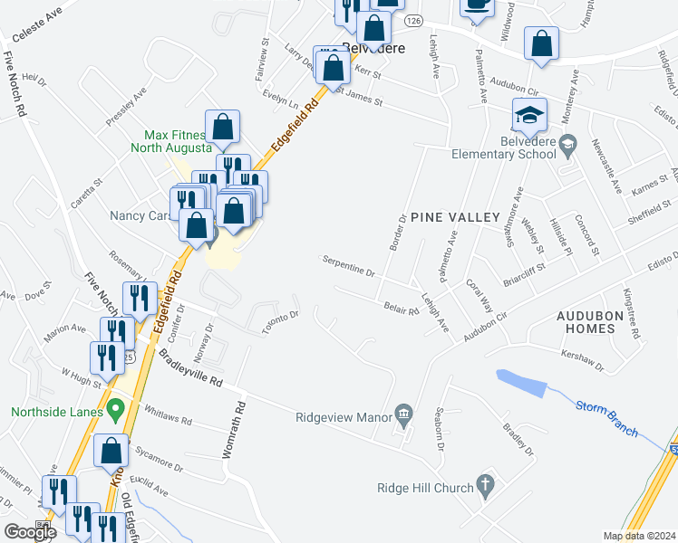 map of restaurants, bars, coffee shops, grocery stores, and more near 326 Serpentine Drive in North Augusta