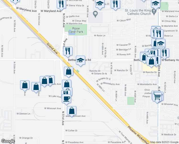 map of restaurants, bars, coffee shops, grocery stores, and more near 4844 West Solano Drive North in Glendale
