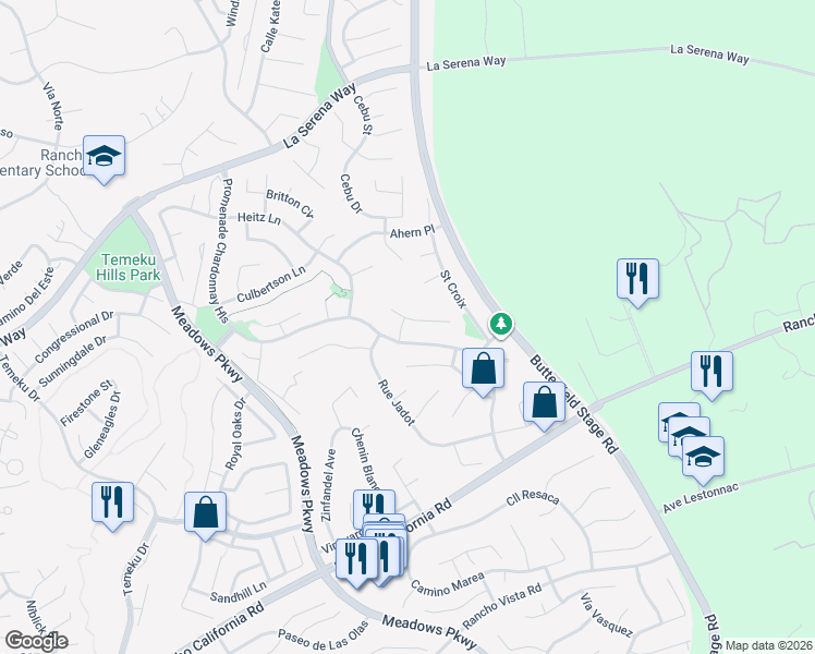 map of restaurants, bars, coffee shops, grocery stores, and more near 31875 Cercle Chambertin in Temecula