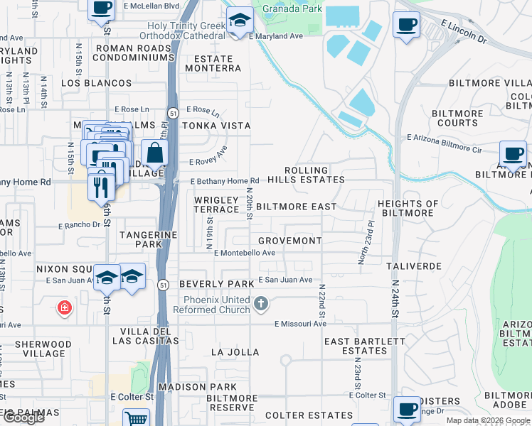 map of restaurants, bars, coffee shops, grocery stores, and more near 2017 E Rancho Dr in Phoenix