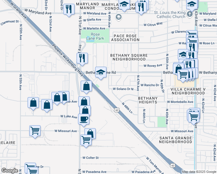 map of restaurants, bars, coffee shops, grocery stores, and more near 5810 North 49th Avenue in Glendale
