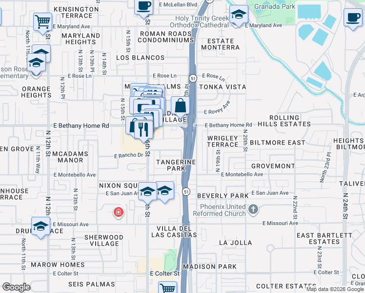 map of restaurants, bars, coffee shops, grocery stores, and more near 1718 East Rancho Drive in Phoenix