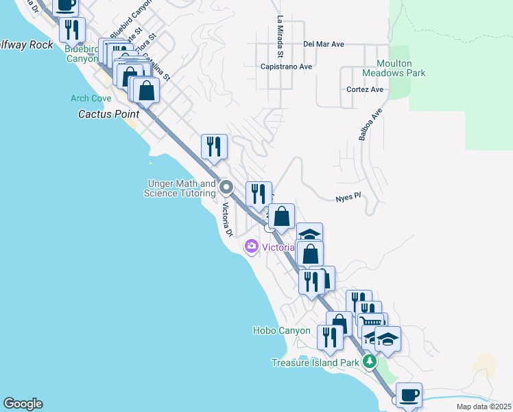 map of restaurants, bars, coffee shops, grocery stores, and more near 2750 Solana Way in Laguna Beach