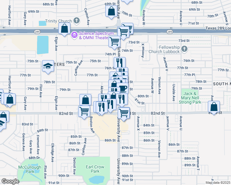 map of restaurants, bars, coffee shops, grocery stores, and more near 7908 University Avenue in Lubbock