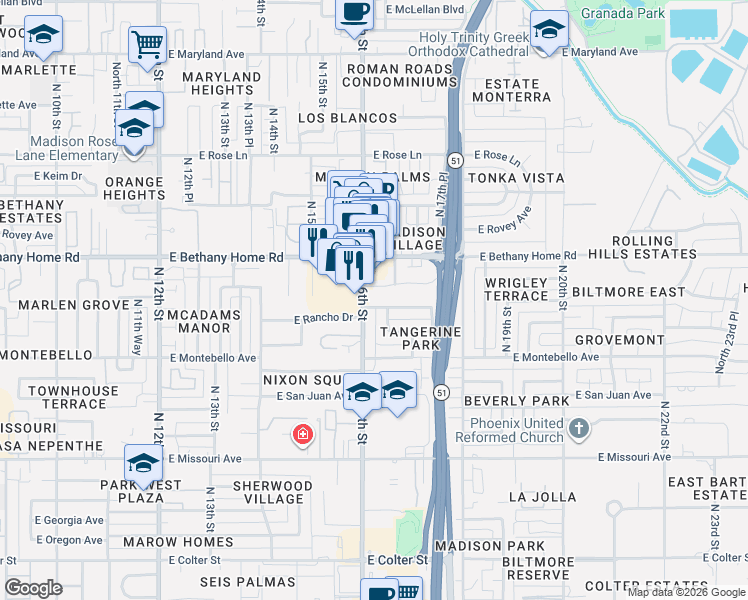 map of restaurants, bars, coffee shops, grocery stores, and more near 1610 East Rancho Drive in Phoenix