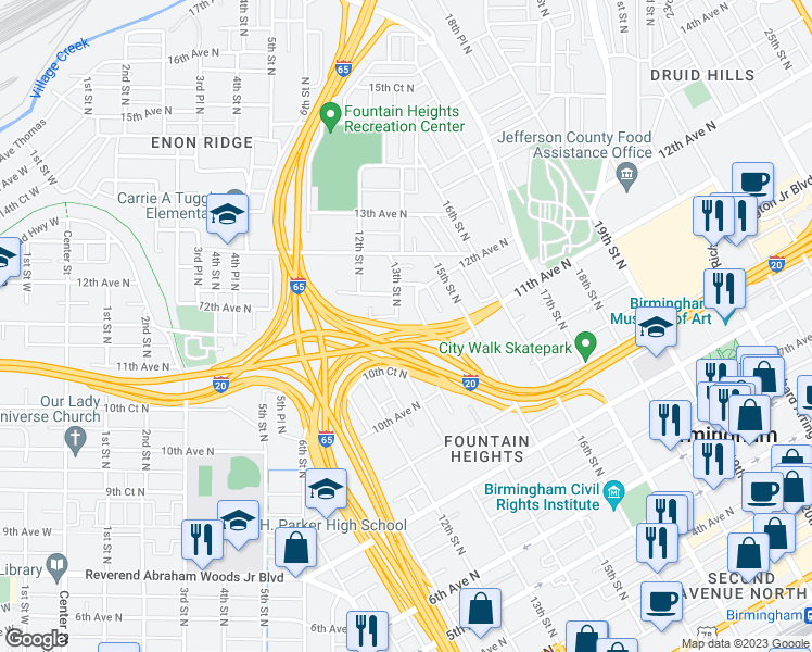 map of restaurants, bars, coffee shops, grocery stores, and more near 1141 13th Street North in Birmingham