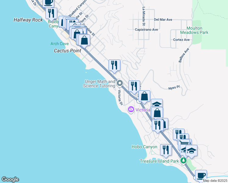 map of restaurants, bars, coffee shops, grocery stores, and more near 6 Rockledge Road in Laguna Beach