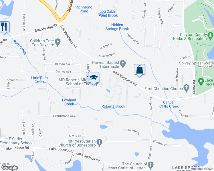 map of restaurants, bars, coffee shops, grocery stores, and more near 1885 Spivey Village Circle in Jonesboro