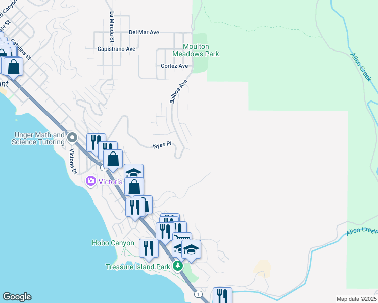 map of restaurants, bars, coffee shops, grocery stores, and more near 591 Balboa Avenue in Laguna Beach