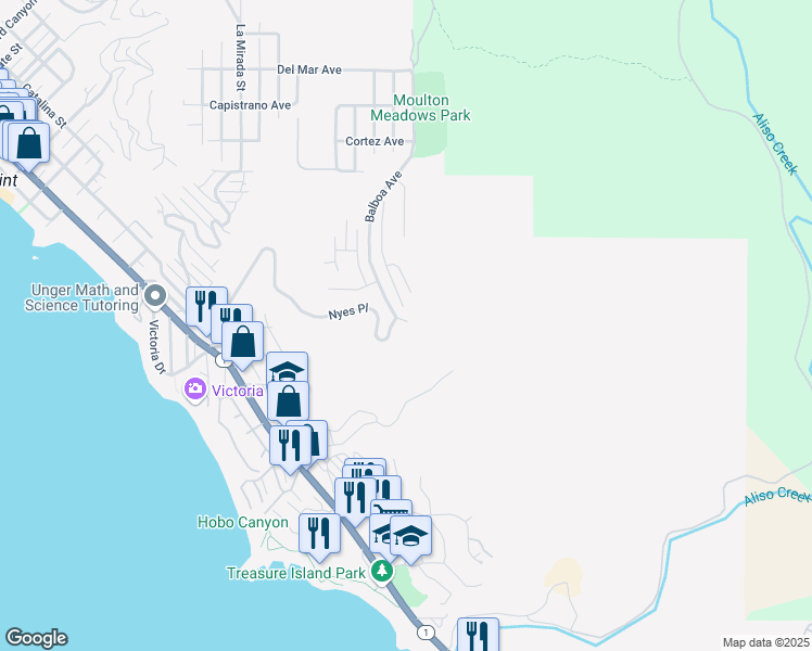 map of restaurants, bars, coffee shops, grocery stores, and more near 591 Balboa Avenue in Laguna Beach