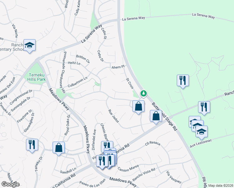 map of restaurants, bars, coffee shops, grocery stores, and more near 31875 Cercle Chambertin in Temecula
