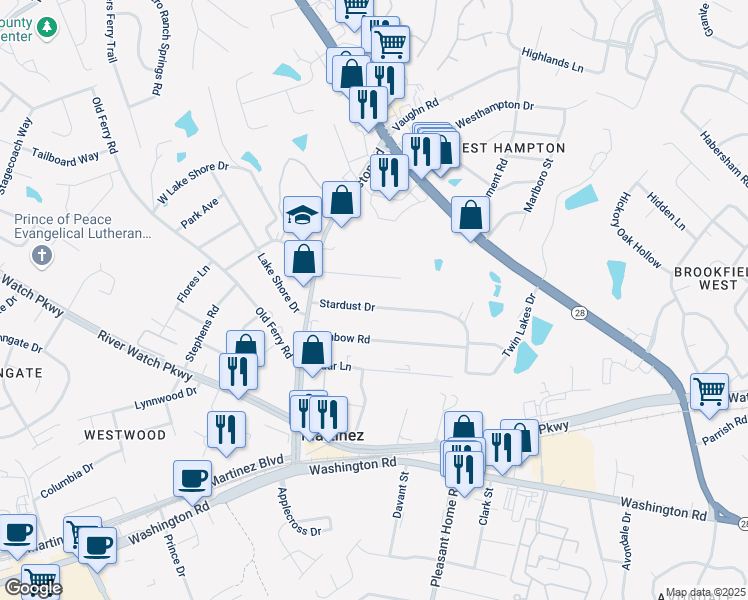map of restaurants, bars, coffee shops, grocery stores, and more near 3521 Stardust Drive in Martinez