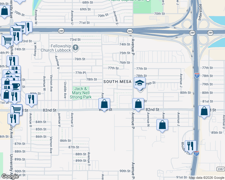 map of restaurants, bars, coffee shops, grocery stores, and more near 1805 79th Place in Lubbock