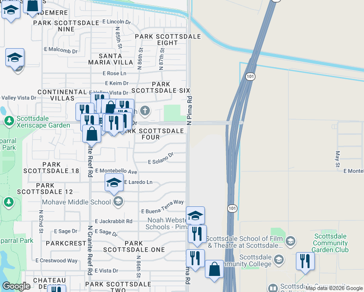map of restaurants, bars, coffee shops, grocery stores, and more near 8738 East Solano Drive in Scottsdale