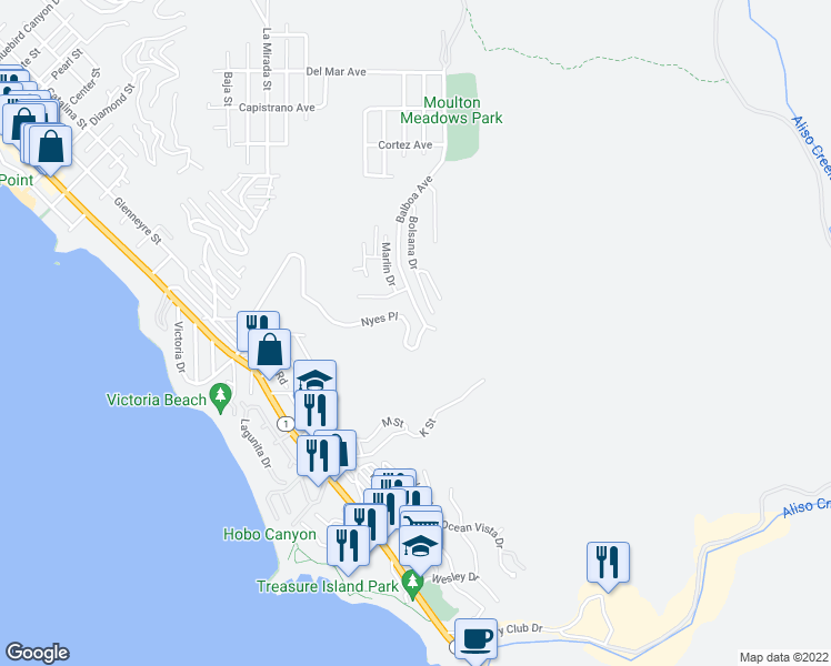 map of restaurants, bars, coffee shops, grocery stores, and more near 743 Nyes Place in Laguna Beach