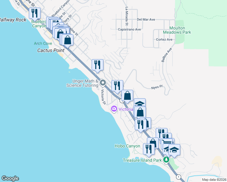 map of restaurants, bars, coffee shops, grocery stores, and more near 181 Sunset Terrace in Laguna Beach