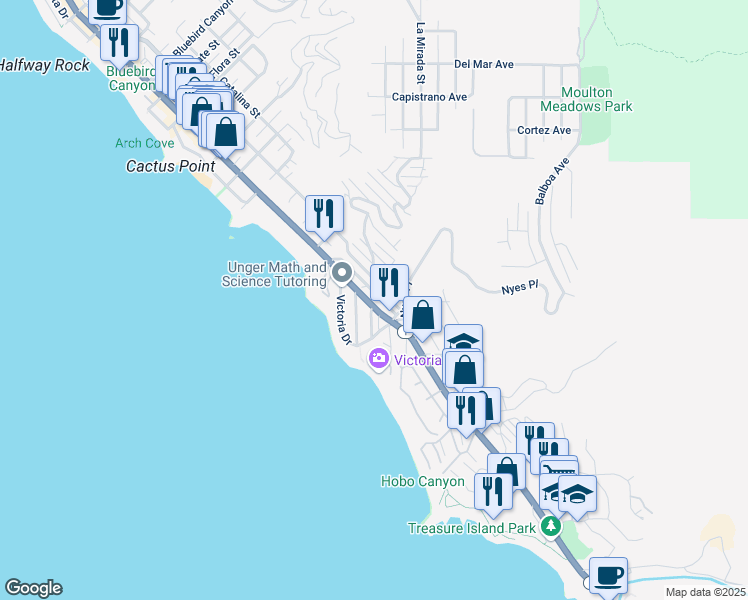 map of restaurants, bars, coffee shops, grocery stores, and more near 181 Sunset Terrace in Laguna Beach
