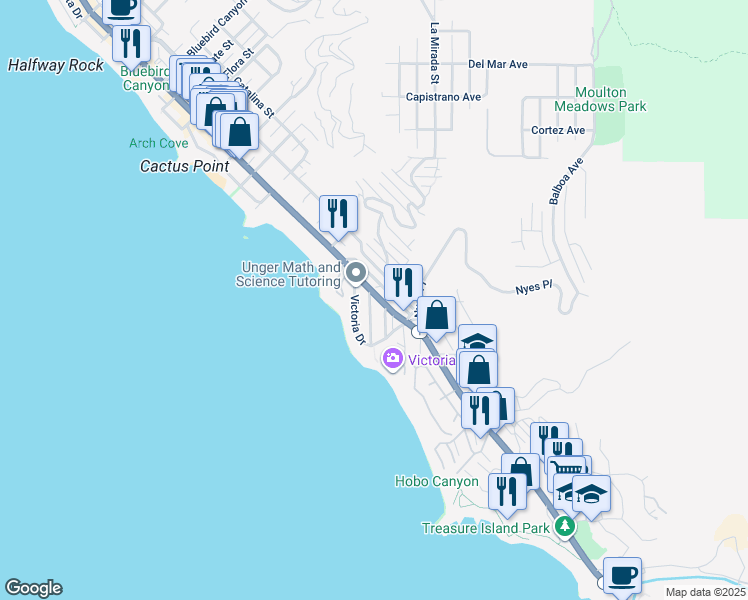 map of restaurants, bars, coffee shops, grocery stores, and more near 181 Sunset Terrace in Laguna Beach