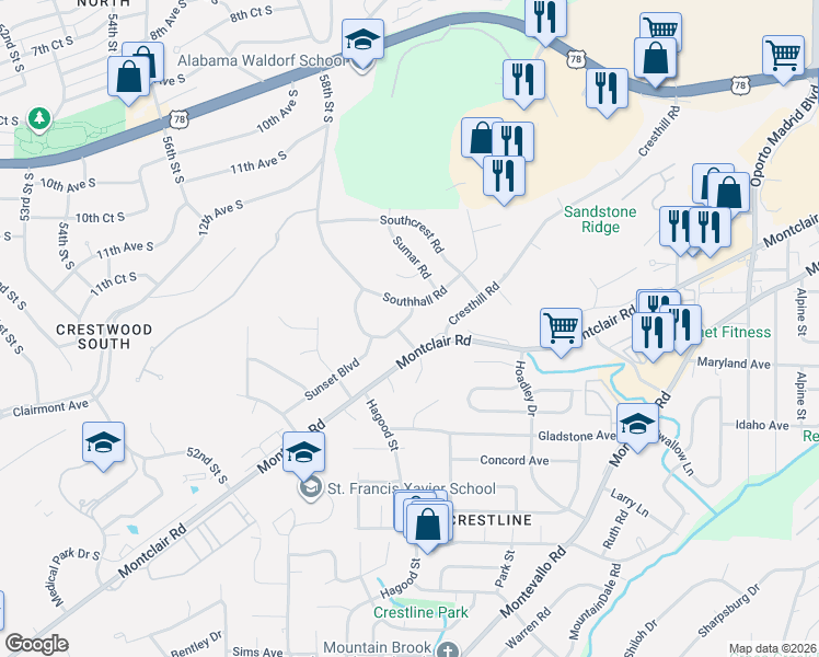 map of restaurants, bars, coffee shops, grocery stores, and more near 1137 Del Ray Drive in Birmingham