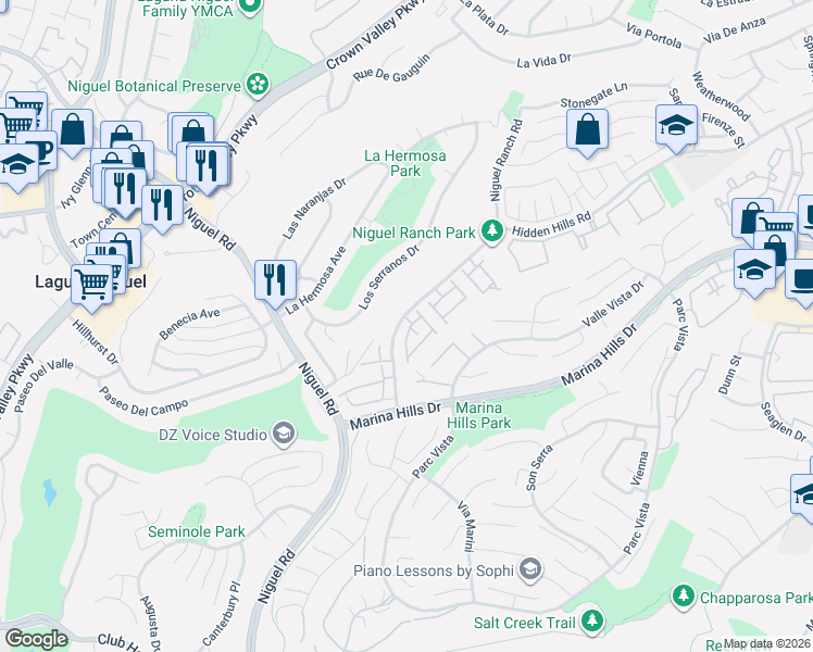 map of restaurants, bars, coffee shops, grocery stores, and more near 24681 Sutton Lane in Laguna Niguel