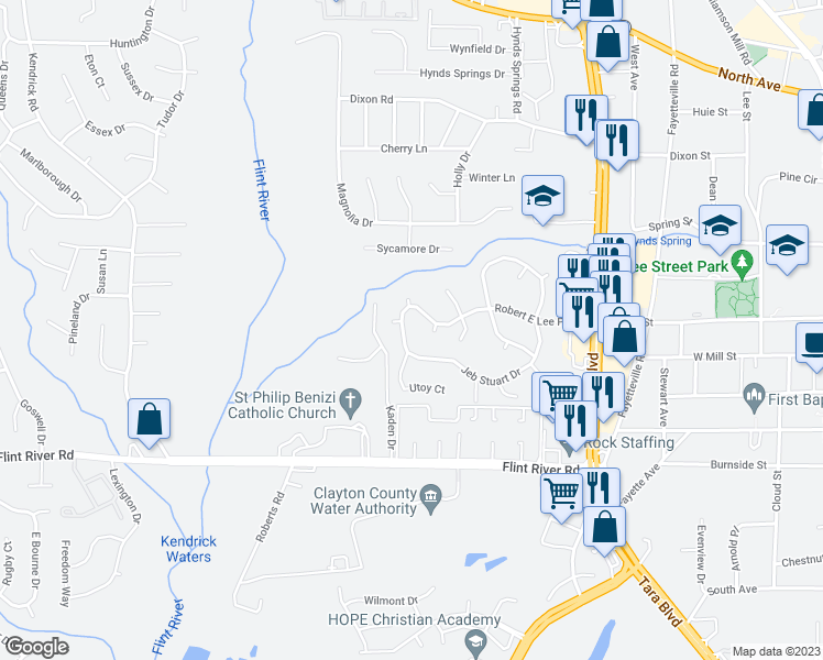 map of restaurants, bars, coffee shops, grocery stores, and more near 608 Robert E Lee Parkway in Jonesboro