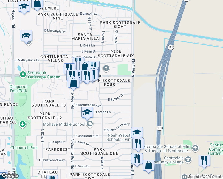 map of restaurants, bars, coffee shops, grocery stores, and more near 8668 East Starlight Way in Scottsdale
